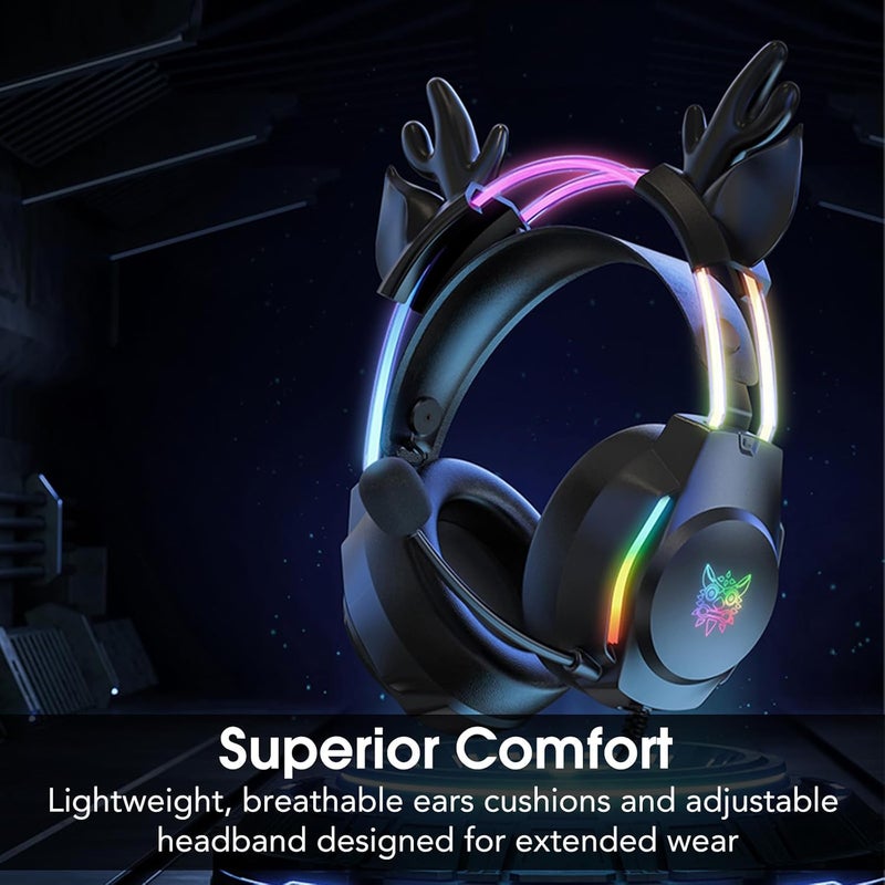 ONITOON Gaming Headset with Microphone, Deer Ears Headphones for PC Laptop PS4 PS5 Xbox Switch, Rainbow RGB Lighting & Virtual Surround Sound, 3.5mm Over Ear Headphones, Ergonomic - Image 5